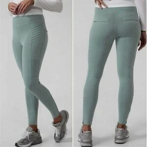 Athleta Delancey Moto Tight Legging Green Zip Pockets High Rise Travel SP Petite